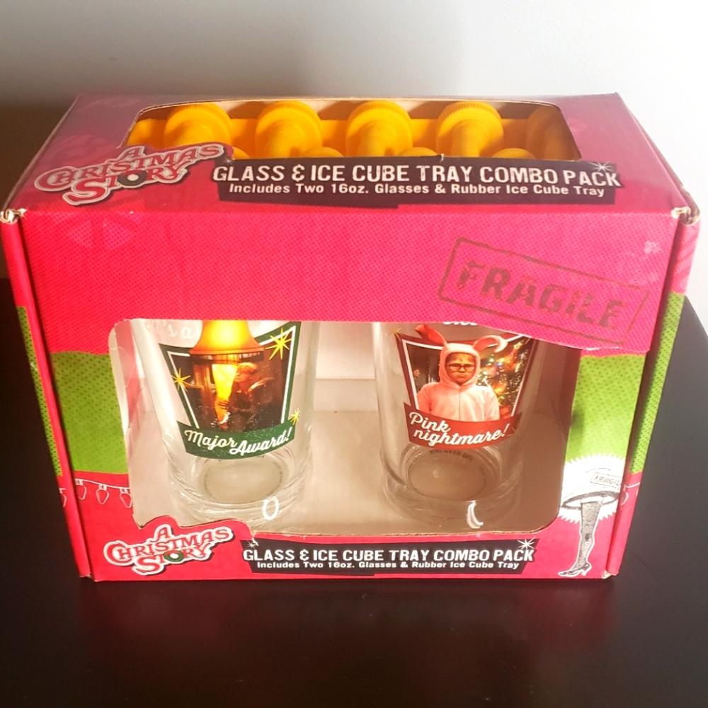 A Christmas Story Pair of 2 Glass Tumblers w Lady Leg Lamp Ice Cube Tray (NEW)